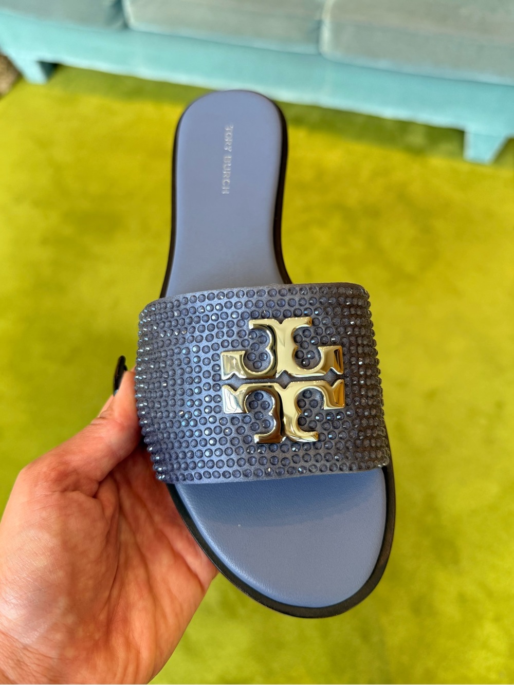 Tory Burch Everly Crystal Logo Rhinestone Slide Sandals, Dark Lotus / Clear